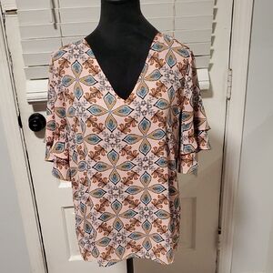 LOFT Geometric V-Neck Ruffle Sleeve Blouse - Pink, Blue, Brown